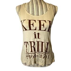 JC Fits Inc Beige Graphic Keyhole Back Sleeveless Tank Top Women’s Small